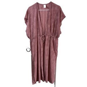 Time & Tru Pink Floral Laced Tie Front Long Lined Duster Kimono Cover Up Sz M